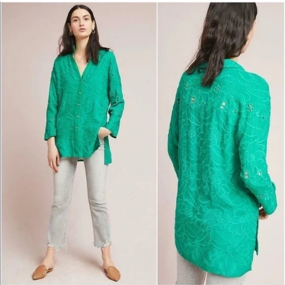 Anthropologie Green Akemi + Kin Abascos Eyelet Long Sleeve Tunic Top Medium